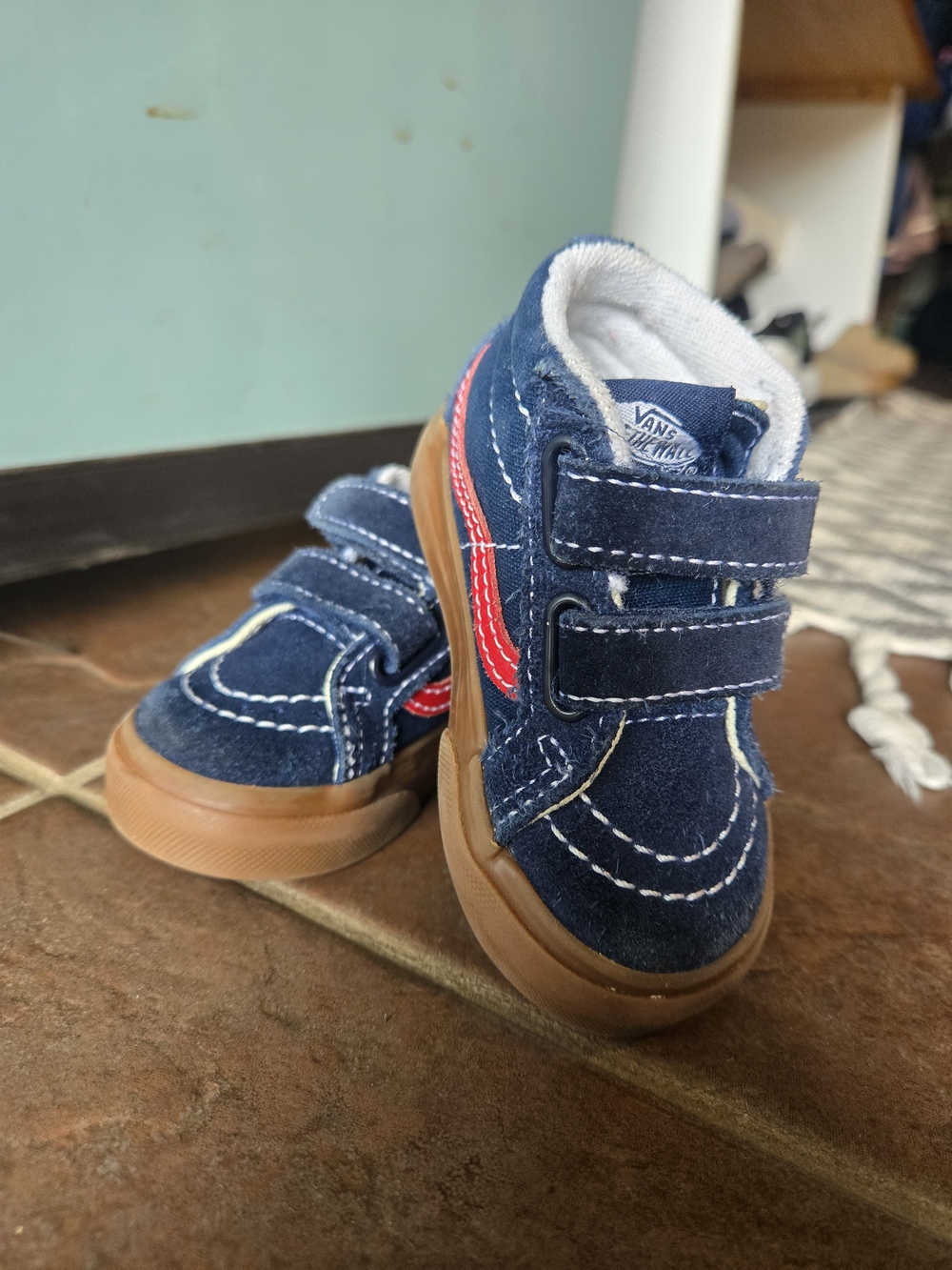 Vans Toddler Navy Velcro Sneakers with Red Stripe
